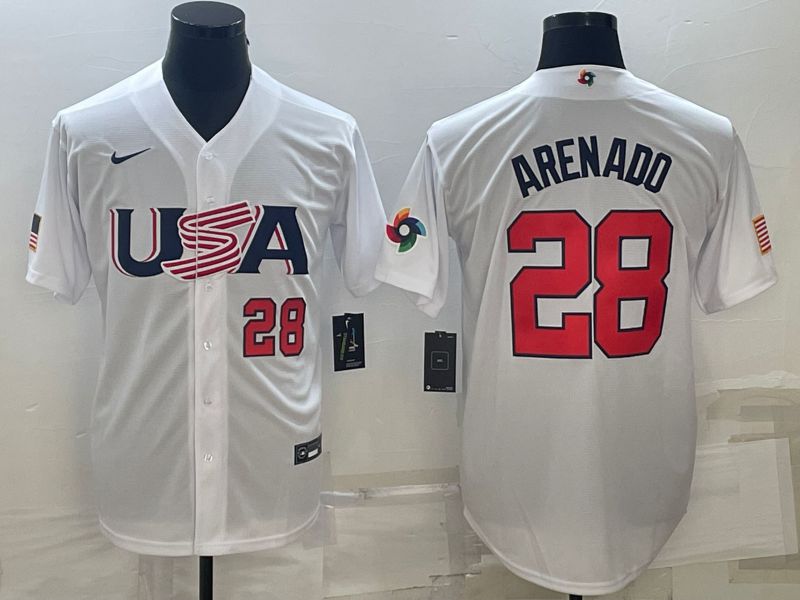 Men 2023 World Cub USA 28 Arenado White Nike MLB Jersey5